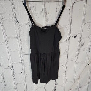 BLACK Sweetheart Stretchy Spaghetti Strap Tank Top Tie Waist Detail Casual Lg